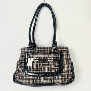 Airoldi Couture Large Plaid Tweed Satchel Handbag Faux Patent & Heart Accent